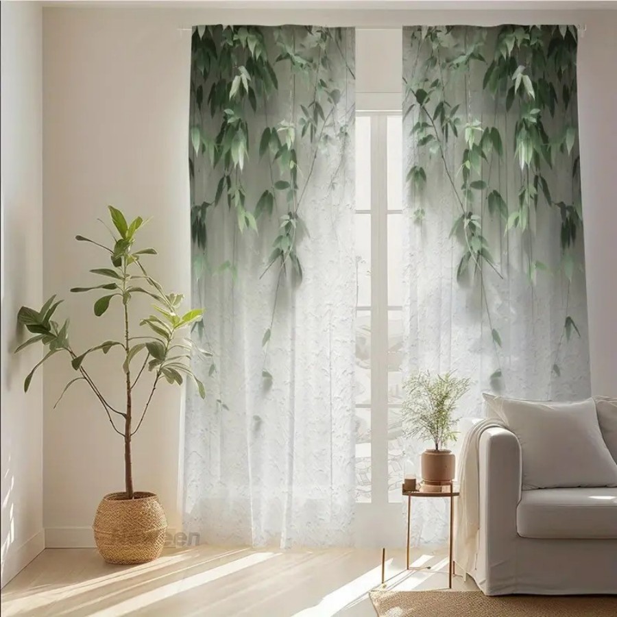2PCS 디지털 프린트 시스루 커튼, 녹색 잎사귀와 흰 - Home Decor Wall Panels 리뷰 및 가격