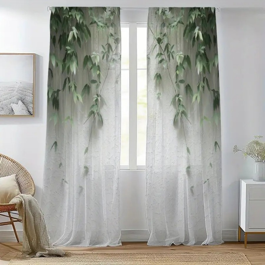 2PCS 디지털 프린트 시스루 커튼, 녹색 잎사귀와 흰 - Home Decor Wall Panels 리뷰 및 가격