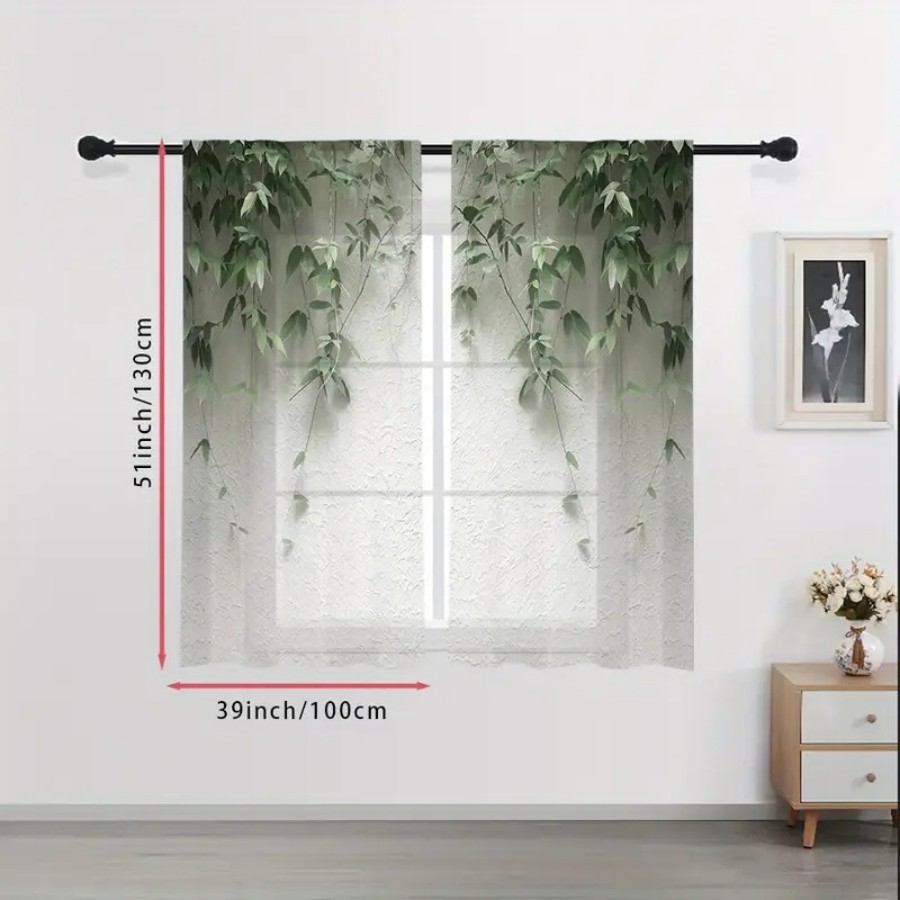 2PCS 디지털 프린트 시스루 커튼, 녹색 잎사귀와 흰 - Home Decor Wall Panels 리뷰 및 가격
